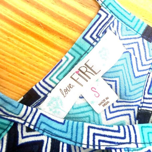 LOVE, FIRE Blue & Teal Chevron Zig Zag Midi Dress, Size S - Picture 2 of 8